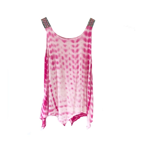 Tie Dye Tank Top Embroidered Straps Hippie Beach Surf Vibes Neon Hot Pink - Picture 4 of 4